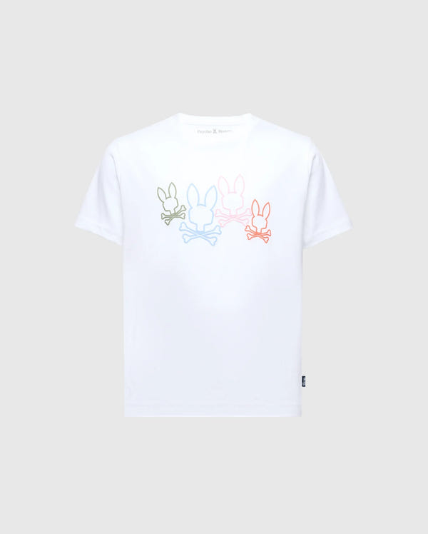 The KIDS SILVERDALE GRAPHIC TEE by Psycho Bunny (B0U499F200) features bunny silhouettes in green, blue, pink, and red with crossed bones beneath each, printed horizontally across the chest on a white Pima cotton tee.