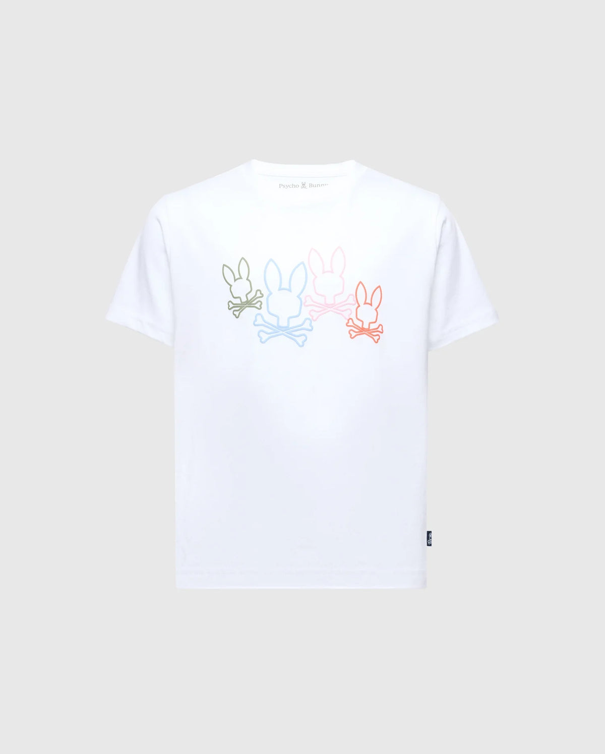 The KIDS SILVERDALE GRAPHIC TEE by Psycho Bunny (B0U499F200) features bunny silhouettes in green, blue, pink, and red with crossed bones beneath each, printed horizontally across the chest on a white Pima cotton tee.