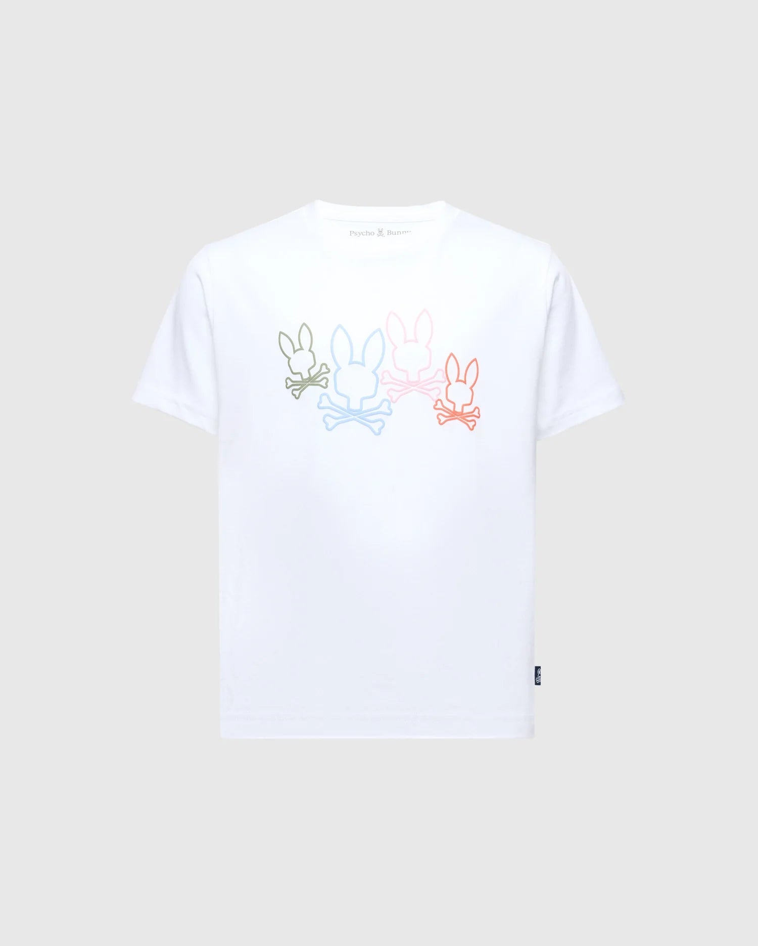 The KIDS SILVERDALE GRAPHIC TEE by Psycho Bunny (B0U499F200) features bunny silhouettes in green, blue, pink, and red with crossed bones beneath each, printed horizontally across the chest on a white Pima cotton tee.