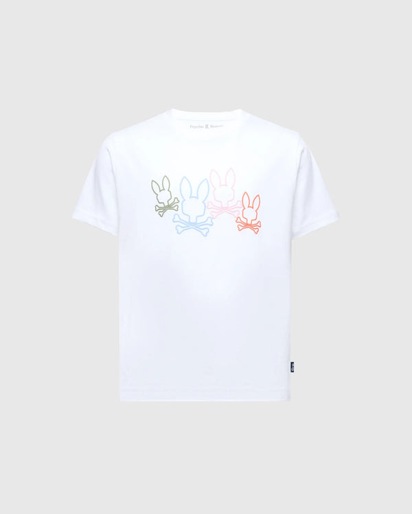 The KIDS SILVERDALE GRAPHIC TEE by Psycho Bunny (B0U499F200) features bunny silhouettes in green, blue, pink, and red with crossed bones beneath each, printed horizontally across the chest on a white Pima cotton tee.