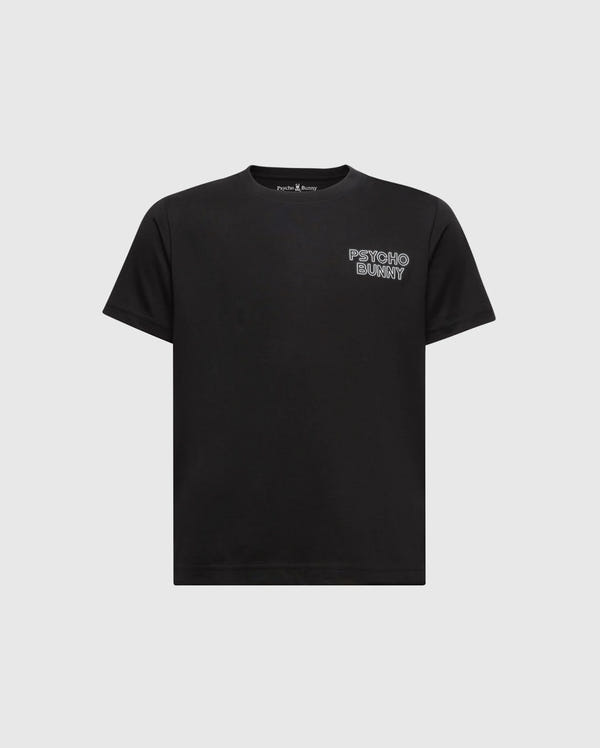 The KIDS SYDNEY BACK GRAPHIC TEE by Psycho Bunny is a black Pima cotton T-shirt featuring short sleeves and a small white "Psycho Bunny" logo in a water-based print on the upper left chest, set against a plain white background.