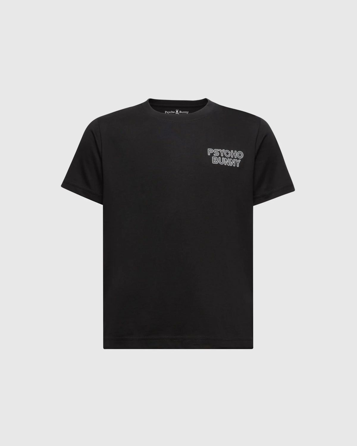 The KIDS SYDNEY BACK GRAPHIC TEE by Psycho Bunny is a black Pima cotton T-shirt featuring short sleeves and a small white "Psycho Bunny" logo in a water-based print on the upper left chest, set against a plain white background.