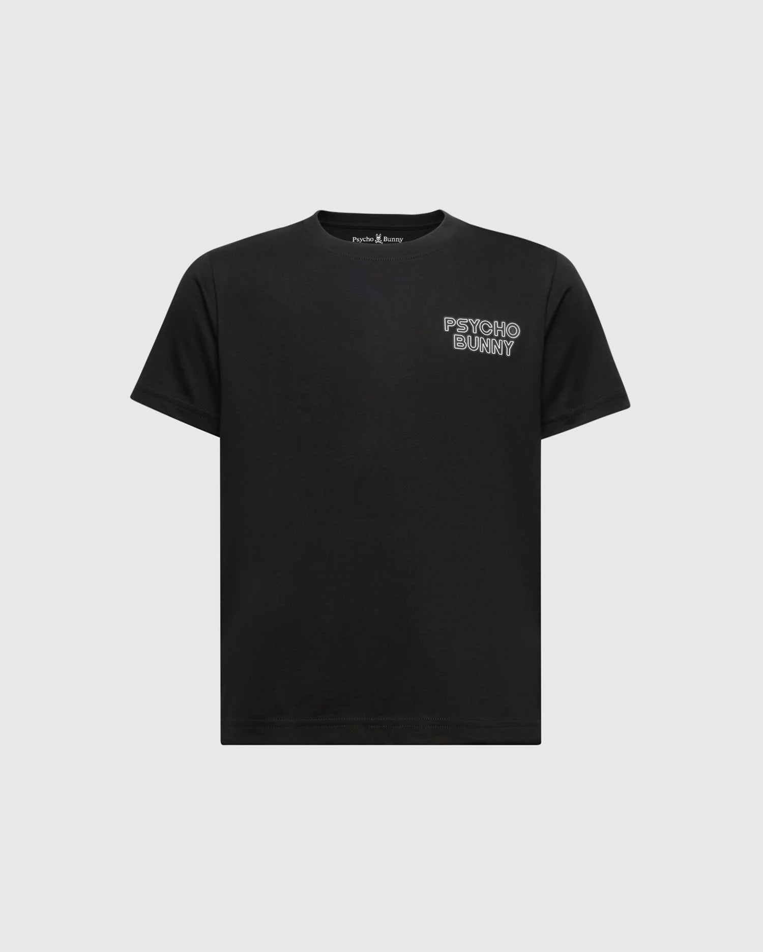 The KIDS SYDNEY BACK GRAPHIC TEE by Psycho Bunny is a black Pima cotton T-shirt featuring short sleeves and a small white "Psycho Bunny" logo in a water-based print on the upper left chest, set against a plain white background.