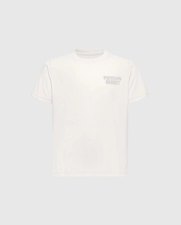 The KIDS SYDNEY BACK GRAPHIC TEE - B0U509F200 by Psycho Bunny features "Psycho Bunny" text on the upper left chest, is made from soft Pima cotton, and has a classic crew neck design. It's a regular fit tee shown on a light gray background.