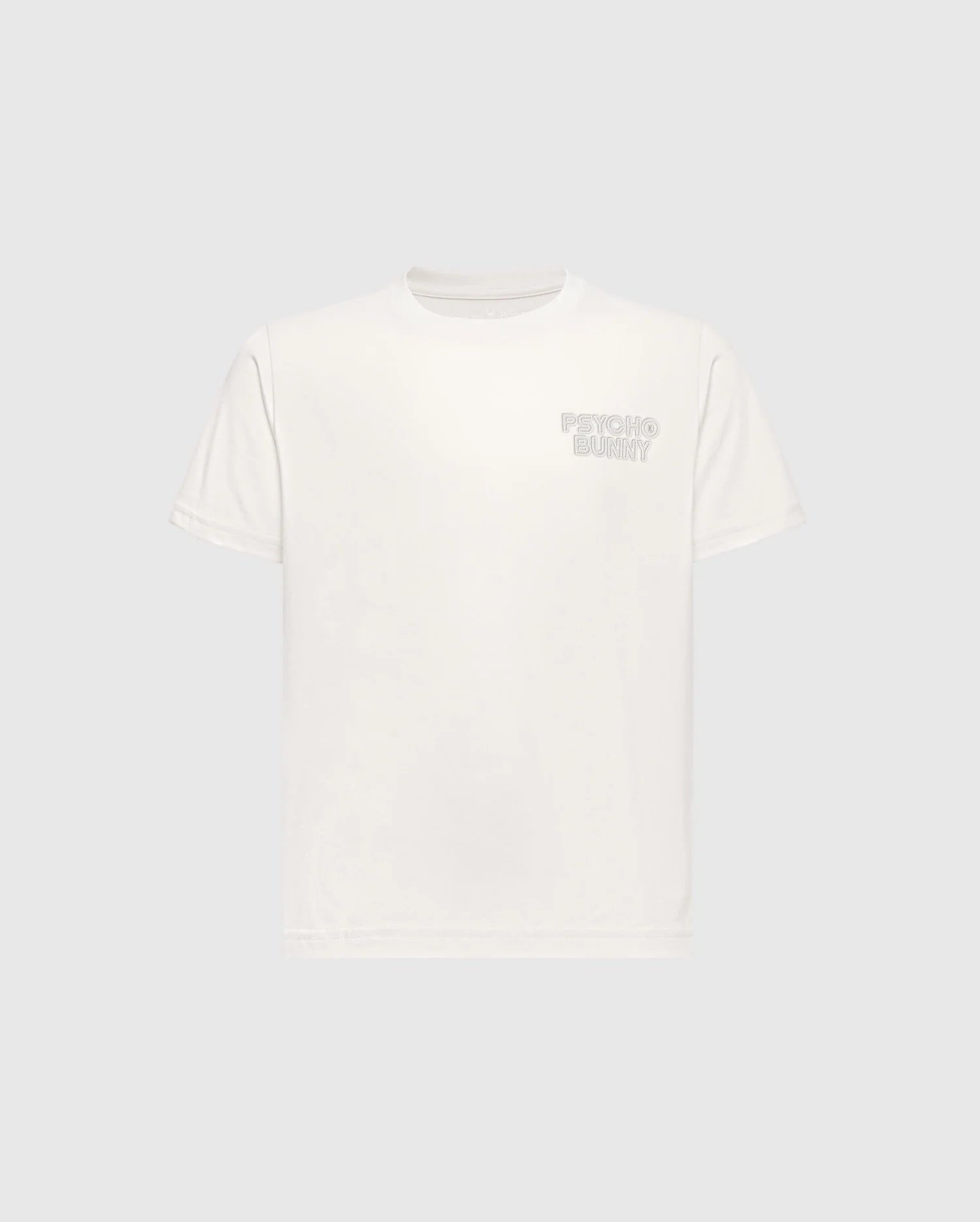 The KIDS SYDNEY BACK GRAPHIC TEE - B0U509F200 by Psycho Bunny features "Psycho Bunny" text on the upper left chest, is made from soft Pima cotton, and has a classic crew neck design. It's a regular fit tee shown on a light gray background.