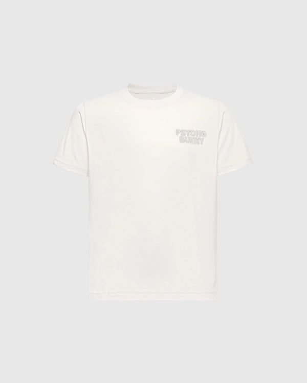 The KIDS SYDNEY BACK GRAPHIC TEE - B0U509F200 by Psycho Bunny features "Psycho Bunny" text on the upper left chest, is made from soft Pima cotton, and has a classic crew neck design. It's a regular fit tee shown on a light gray background.