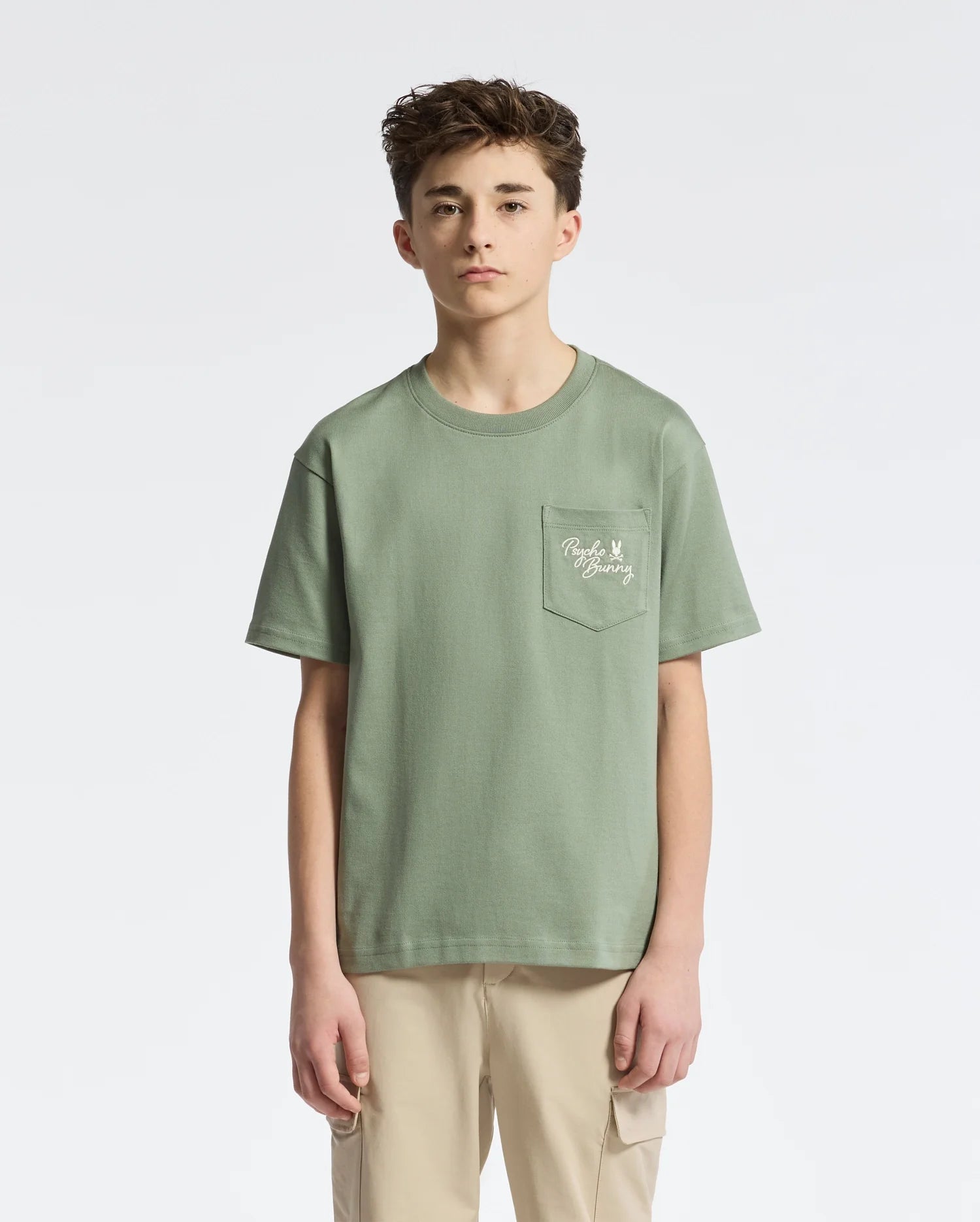 Teen | Kids' Desert Oversized Pocket Tee by Psycho Bunny, featuring a relaxed fit, chest pocket, and embroidered logo for a casual, stylish look.
