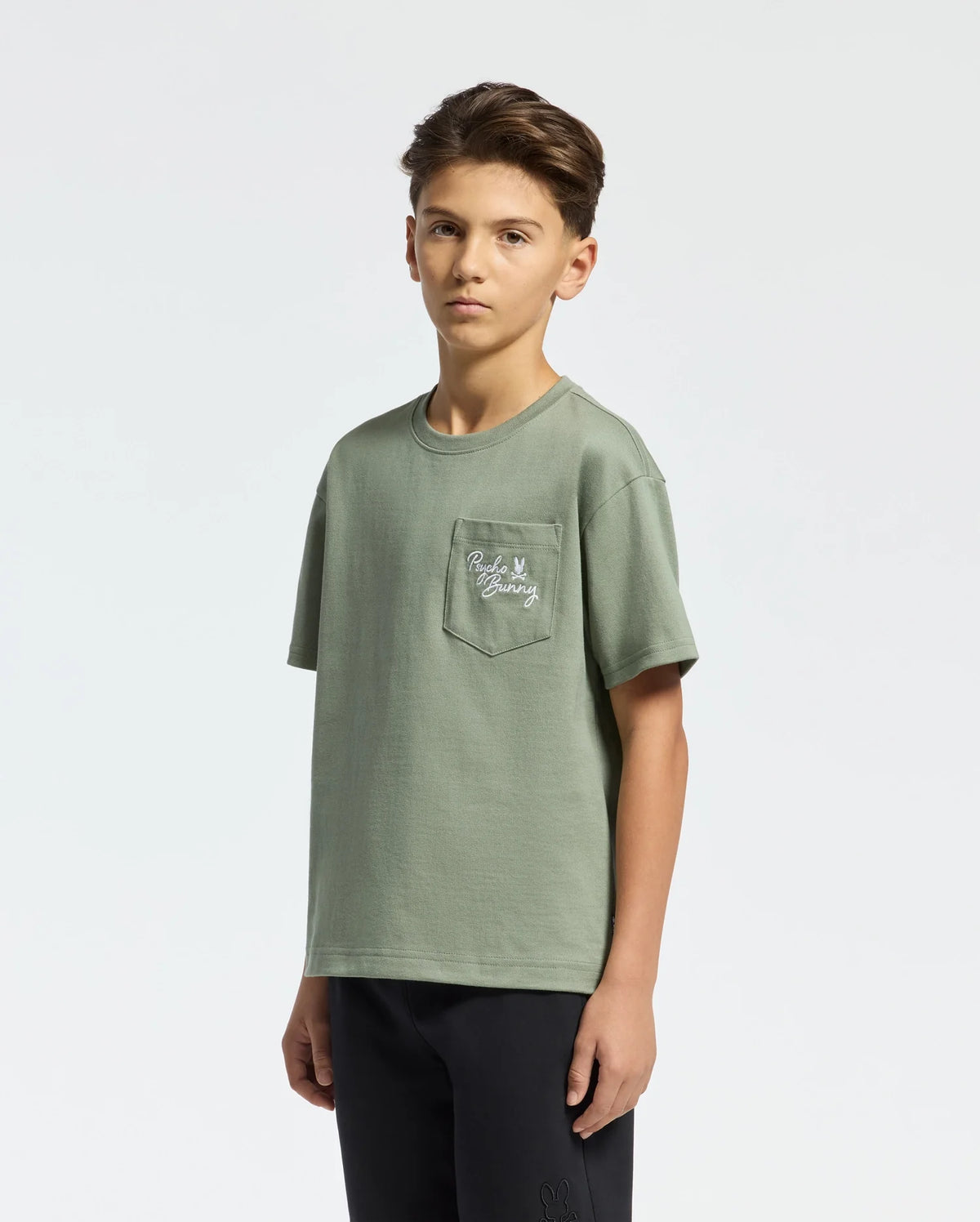Kids | Kids' Desert Oversized Pocket Tee by Psycho Bunny, featuring a relaxed fit, chest pocket, and embroidered logo for a casual, stylish look.
