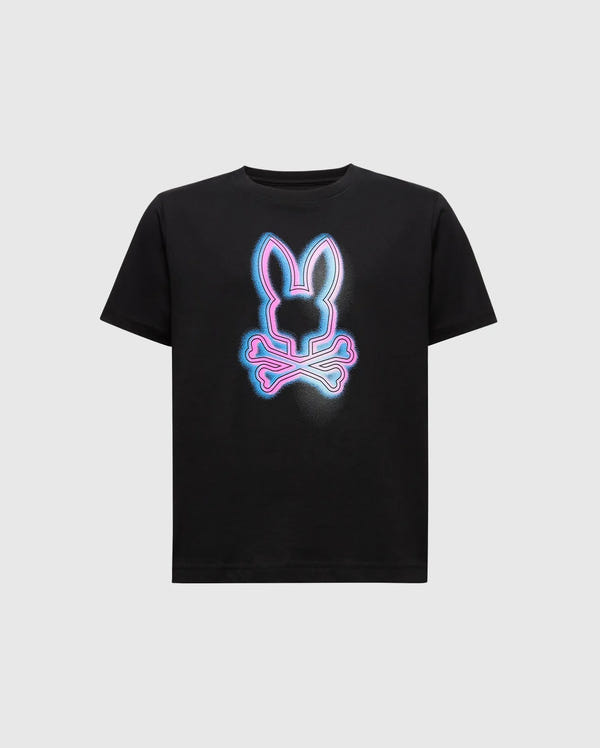 The Psycho Bunny KIDS ANDROS GRAPHIC TEE (B0U525F200) showcases a vibrant neon bunny head and crossed bones in pink and blue on a black tee. Crafted in Peru from 100% Pima Cotton, it offers ultimate comfort and style.