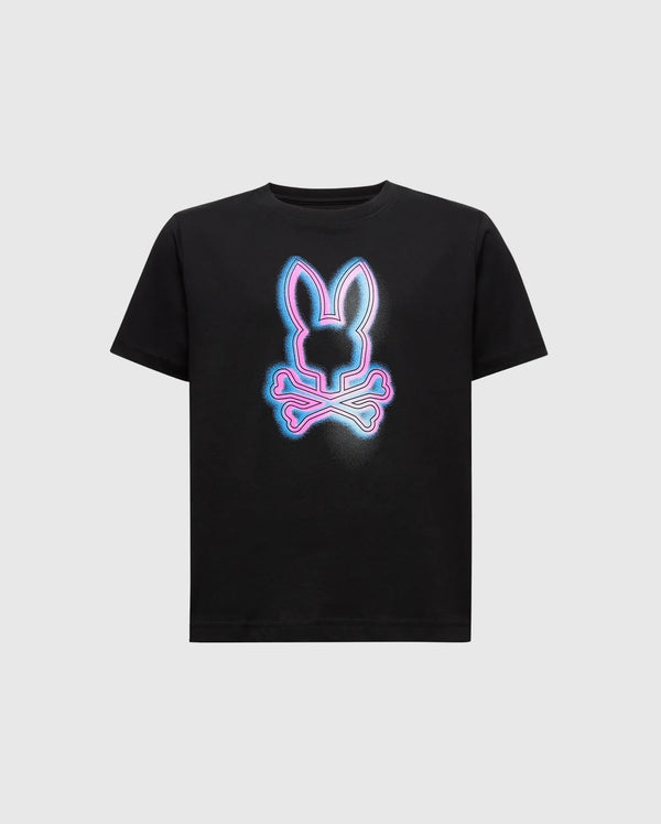 The Psycho Bunny KIDS ANDROS GRAPHIC TEE (B0U525F200) showcases a vibrant neon bunny head and crossed bones in pink and blue on a black tee. Crafted in Peru from 100% Pima Cotton, it offers ultimate comfort and style.