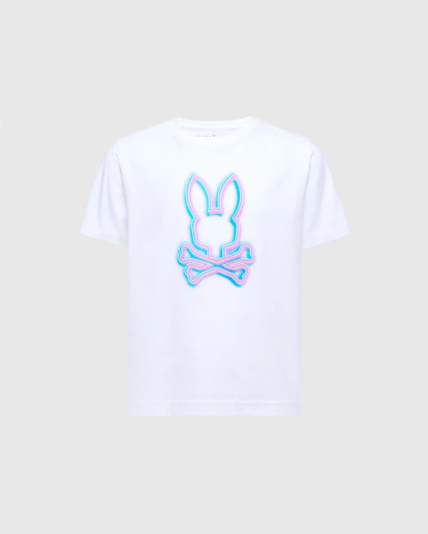 The KIDS ANDROS GRAPHIC TEE - B0U525F200 by Psycho Bunny is crafted in Peru from soft Pima Cotton. It features a striking blue and pink neon-like bunny head with crossed bones on a light gray background, adding an edgy flair.