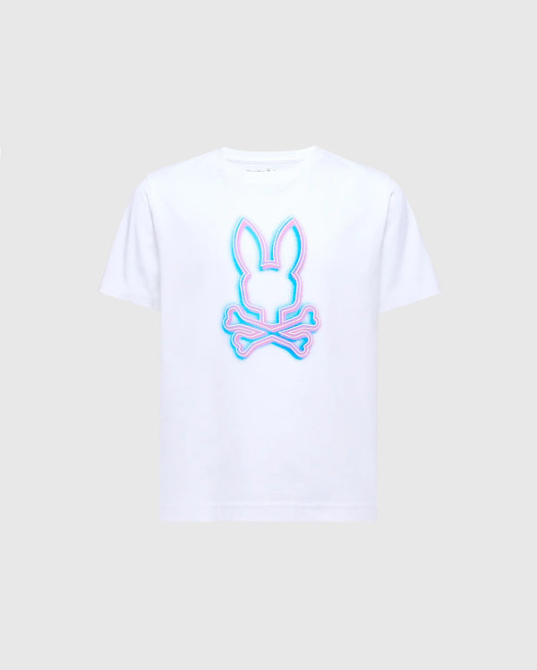 The KIDS ANDROS GRAPHIC TEE - B0U525F200 by Psycho Bunny is crafted in Peru from soft Pima Cotton. It features a striking blue and pink neon-like bunny head with crossed bones on a light gray background, adding an edgy flair.
