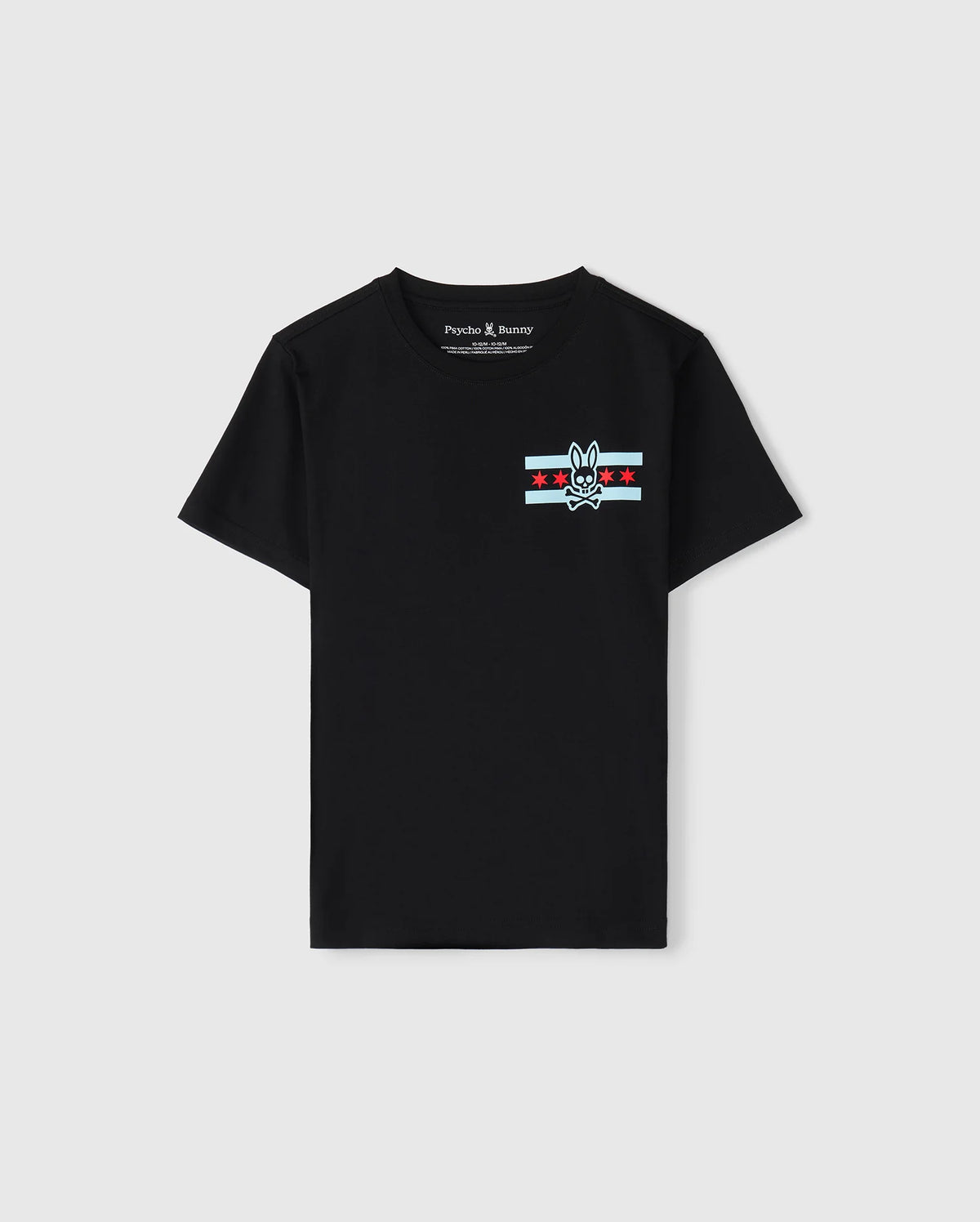 A black Pima cotton jersey T-shirt designed for kids, featuring a striking bunny skull logo on the chest, complemented by red stars and light blue stripes. With its "Psycho Bunny" label, it serves as the ideal Chicago tee to display a bold sense of style.
