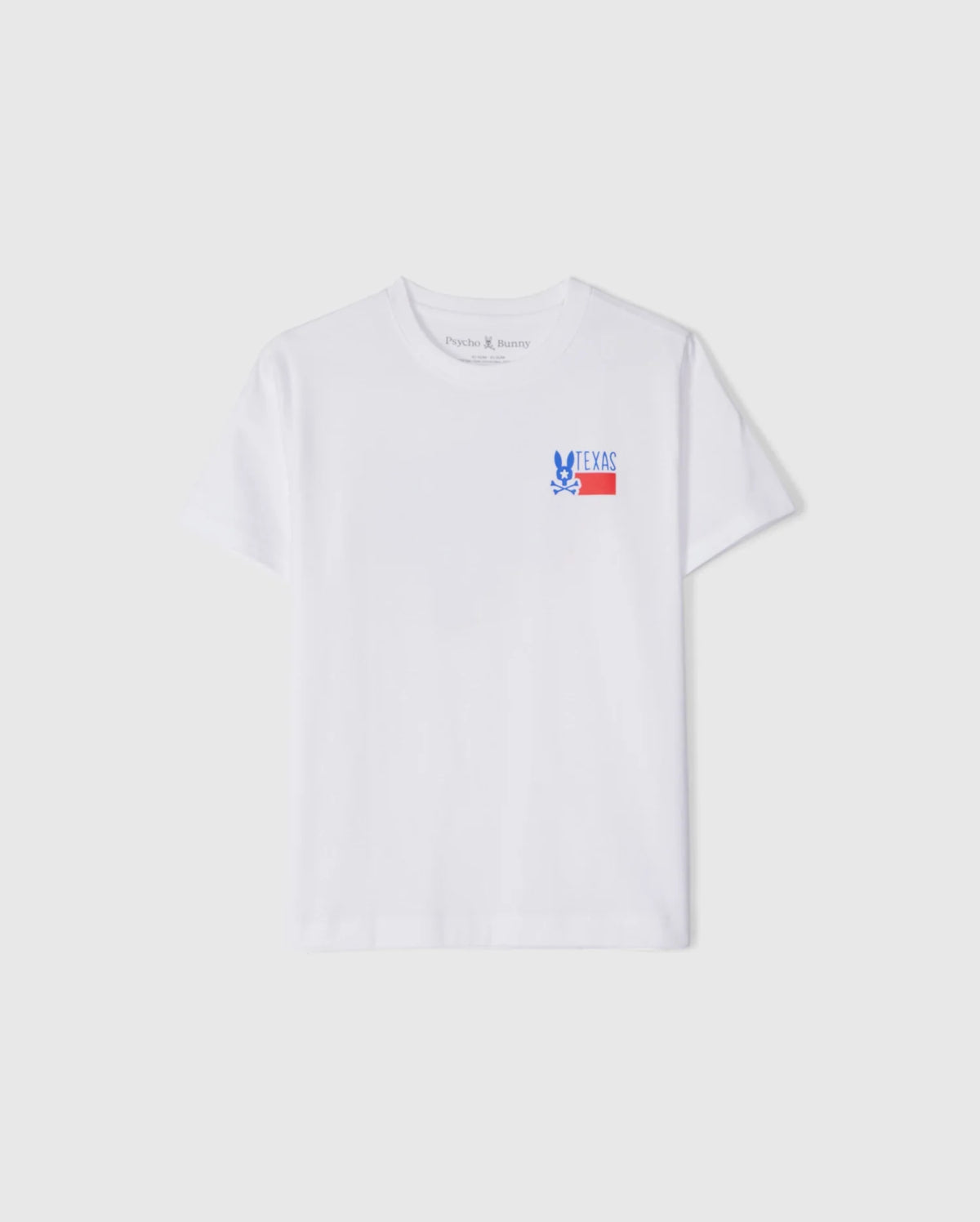The KIDS TEXAS CITY TEE by Psycho Bunny, model B0U553B2PC, is a white tee made from soft Peruvian Pima cotton. It features a vibrant blue bunny graphic and "TEXAS" in blue and red on the left chest, with short sleeves and a round neckline, ideal for Texas city style fans.