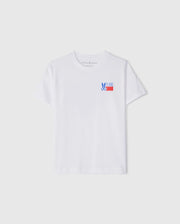 The KIDS TEXAS CITY TEE by Psycho Bunny, model B0U553B2PC, is a white tee made from soft Peruvian Pima cotton. It features a vibrant blue bunny graphic and "TEXAS" in blue and red on the left chest, with short sleeves and a round neckline, ideal for Texas city style fans.