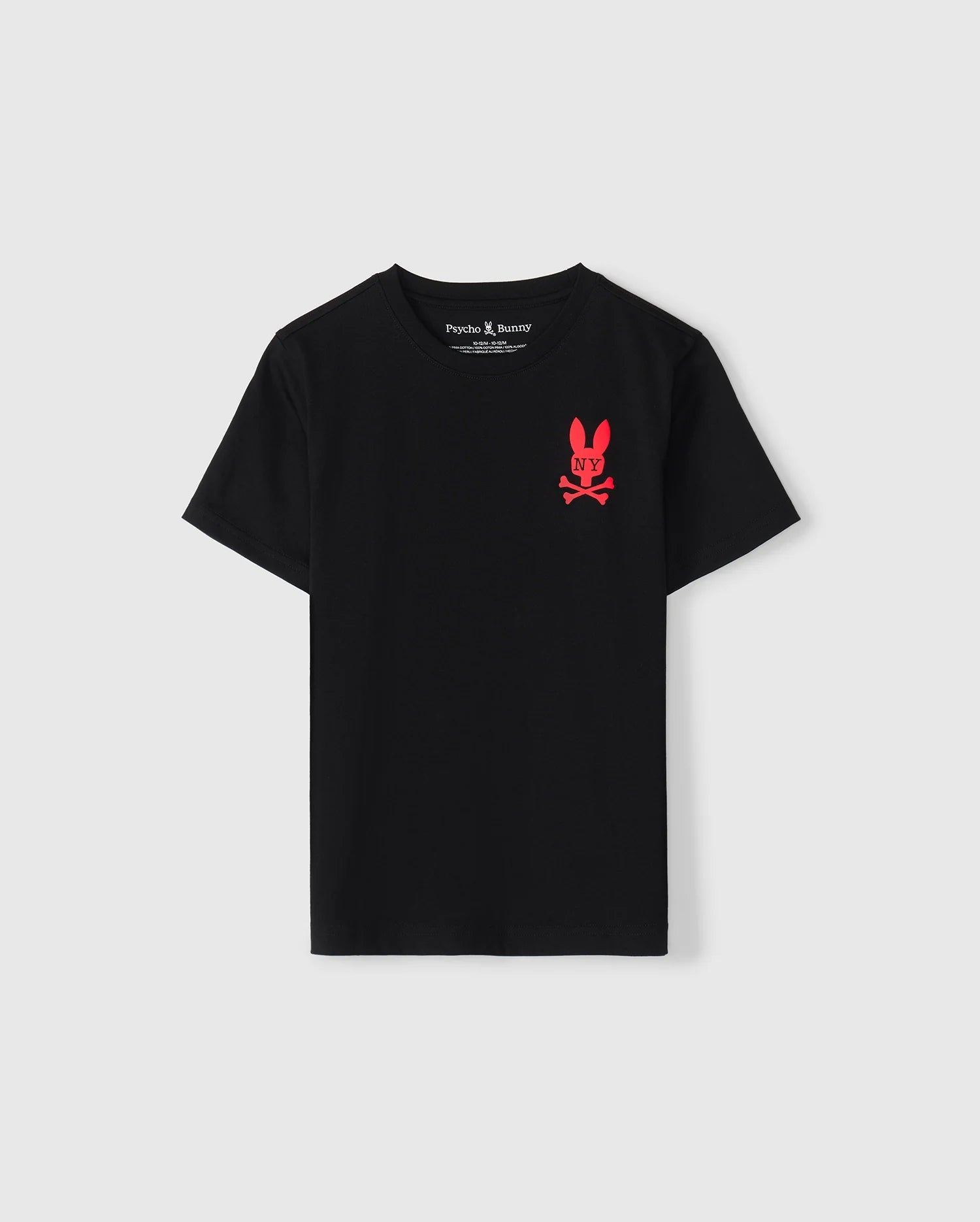 This black KIDS NEW YORK CITY TEE - B0U554W1PC by Psycho Bunny is crafted from premium Pima cotton. It features a striking red graphic on the left chest, showcasing a skull and crossbones design with playful bunny ears.