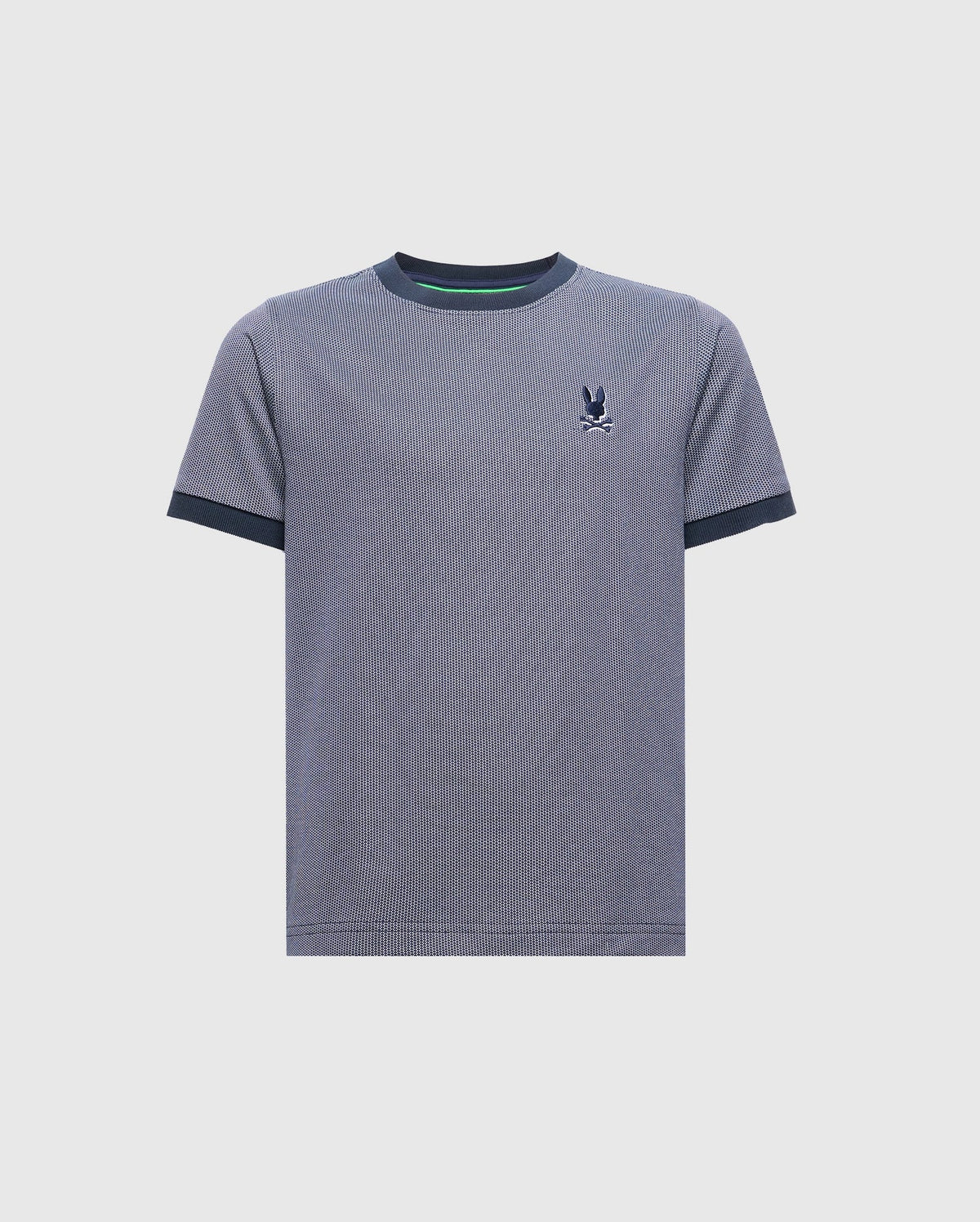 Introducing the KIDS MACKAY JACQUARD FASHION TEE by Psycho Bunny: a gray Pima cotton short-sleeve T-shirt with black ribbed cuffs and collar, jacquard-knit texture, and a small embroidered stylized bird logo on the left chest. (Product Code: B0U576F200).
