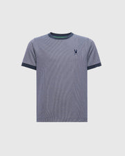 Introducing the KIDS MACKAY JACQUARD FASHION TEE by Psycho Bunny: a gray Pima cotton short-sleeve T-shirt with black ribbed cuffs and collar, jacquard-knit texture, and a small embroidered stylized bird logo on the left chest. (Product Code: B0U576F200).