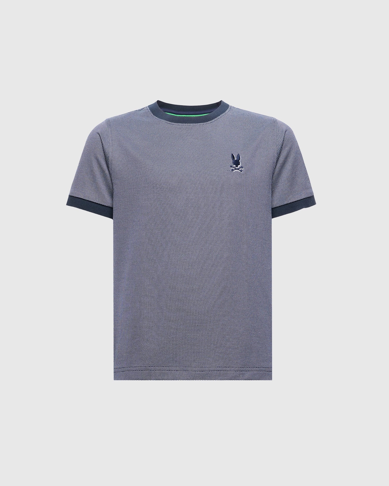 Introducing the KIDS MACKAY JACQUARD FASHION TEE by Psycho Bunny: a gray Pima cotton short-sleeve T-shirt with black ribbed cuffs and collar, jacquard-knit texture, and a small embroidered stylized bird logo on the left chest. (Product Code: B0U576F200).