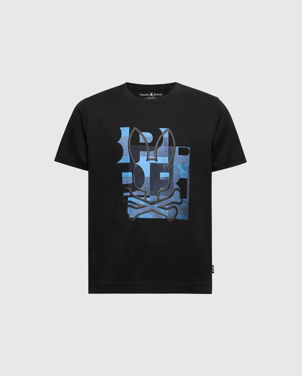 The Psycho Bunny KIDS ZEALAND GRAPHIC TEE, product B0U604F200, is a black Pima cotton kids' shirt featuring a skull and crossbones print with blue abstract shapes and a playful hint of the bunny logo on a light grey background.