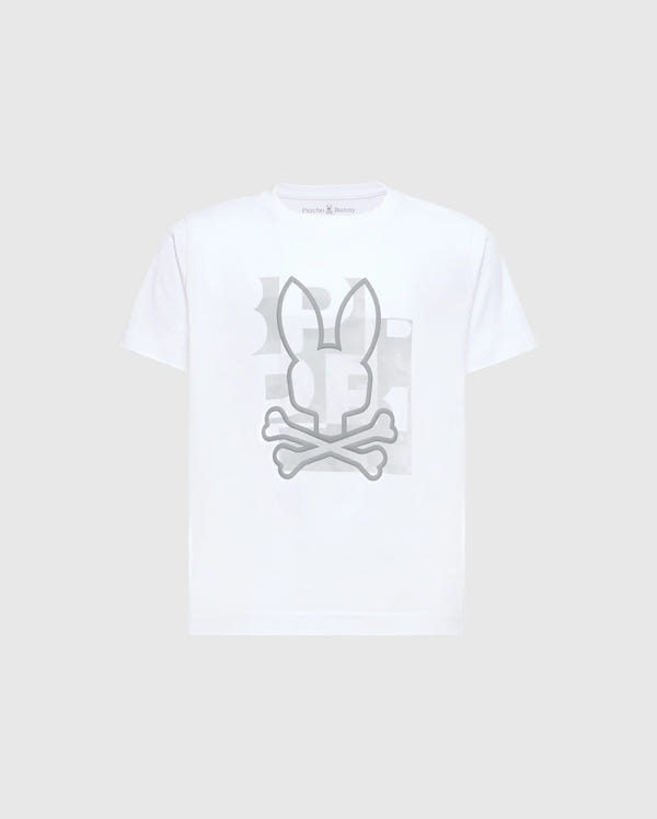 The KIDS ZEALAND GRAPHIC TEE (B0U604F200) by Psycho Bunny features a large gray skull with bunny ears graphic and is crafted from soft white Pima cotton.