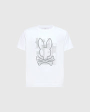 The KIDS ZEALAND GRAPHIC TEE (B0U604F200) by Psycho Bunny features a large gray skull with bunny ears graphic and is crafted from soft white Pima cotton.