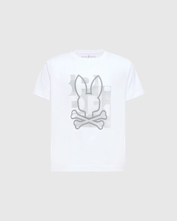 The KIDS ZEALAND GRAPHIC TEE (B0U604F200) by Psycho Bunny features a large gray skull with bunny ears graphic and is crafted from soft white Pima cotton.