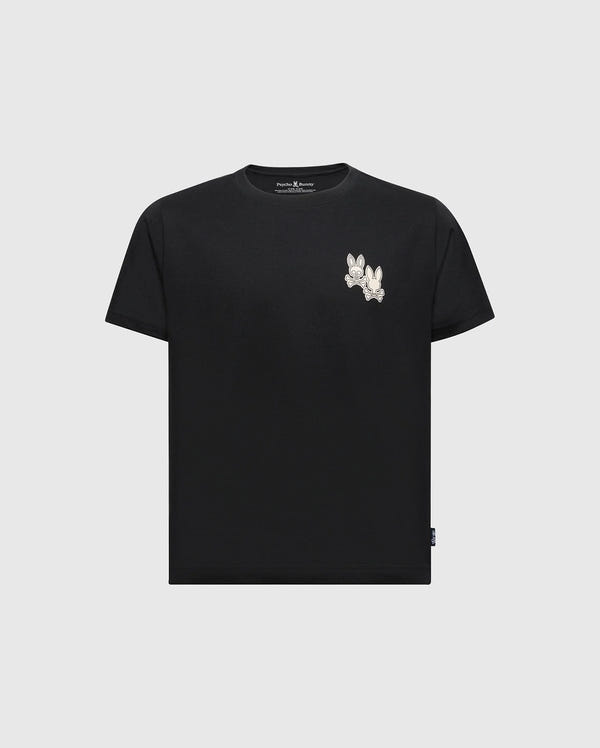 The KIDS ELLIOT FRONT BACK GRAPHIC TEE by Psycho Bunny is a black Pima cotton shirt with a small white floral design on the upper left, featuring a water-based print for vibrant yet subtle graphics.