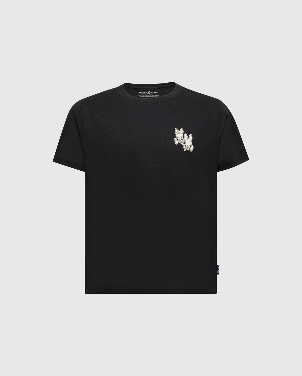 The KIDS ELLIOT FRONT BACK GRAPHIC TEE by Psycho Bunny is a black Pima cotton shirt with a small white floral design on the upper left, featuring a water-based print for vibrant yet subtle graphics.
