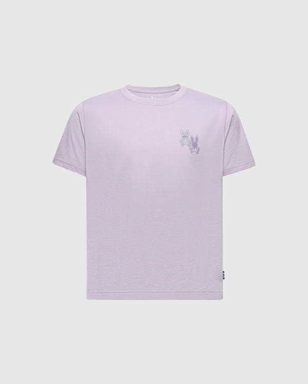 The KIDS ELLIOT FRONT BACK GRAPHIC TEE - B0U605F200 by Psycho Bunny is a lavender Pima cotton T-shirt with a water-based print of two striped rabbits on the upper left chest, set against plain white.