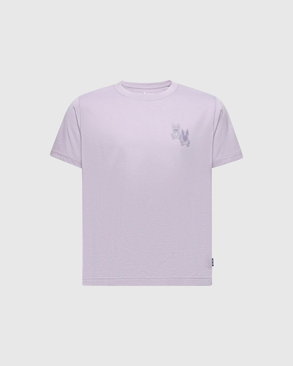 The KIDS ELLIOT FRONT BACK GRAPHIC TEE - B0U605F200 by Psycho Bunny is a lavender Pima cotton T-shirt with a water-based print of two striped rabbits on the upper left chest, set against plain white.