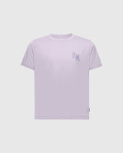 The KIDS ELLIOT FRONT BACK GRAPHIC TEE - B0U605F200 by Psycho Bunny is a lavender Pima cotton T-shirt with a water-based print of two striped rabbits on the upper left chest, set against plain white.