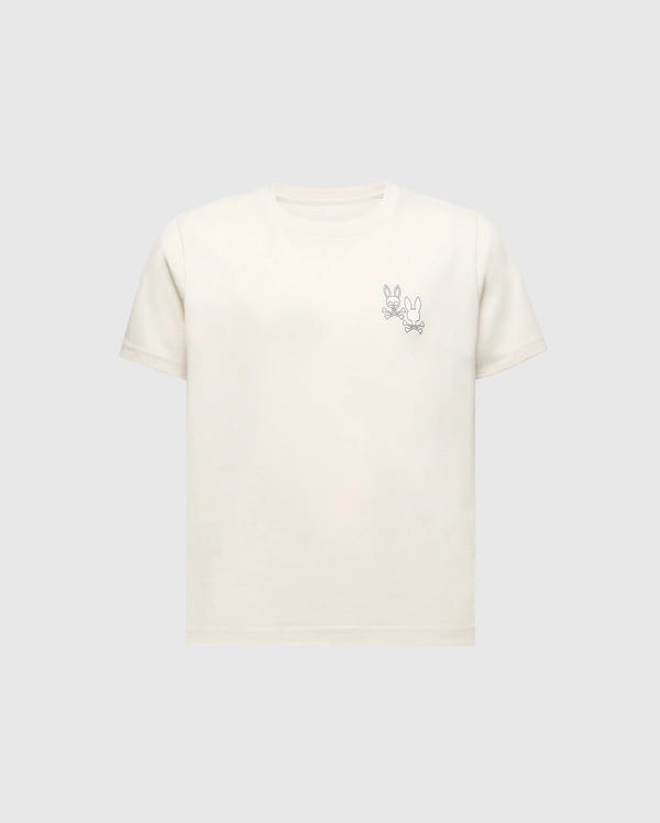 The KIDS ELLIOT FRONT BACK GRAPHIC TEE by Psycho Bunny features a subtle water-based line drawing of Mickey Mouse on the left chest. Made from soft Pima cotton, it comes in beige with a plain gray background.