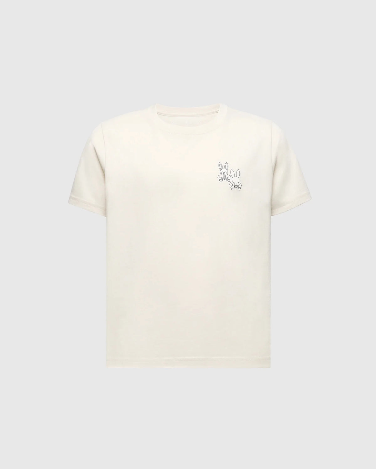 The KIDS ELLIOT FRONT BACK GRAPHIC TEE by Psycho Bunny features a subtle water-based line drawing of Mickey Mouse on the left chest. Made from soft Pima cotton, it comes in beige with a plain gray background.