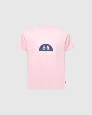 Presenting the KIDS GOLDIE GRAPHIC TEE - B0U606F200: a pink tee by Psycho Bunny, made of soft Pima Cotton, featuring "PSYCHO BUNNY" text and two bunny faces with crossbones on the front.