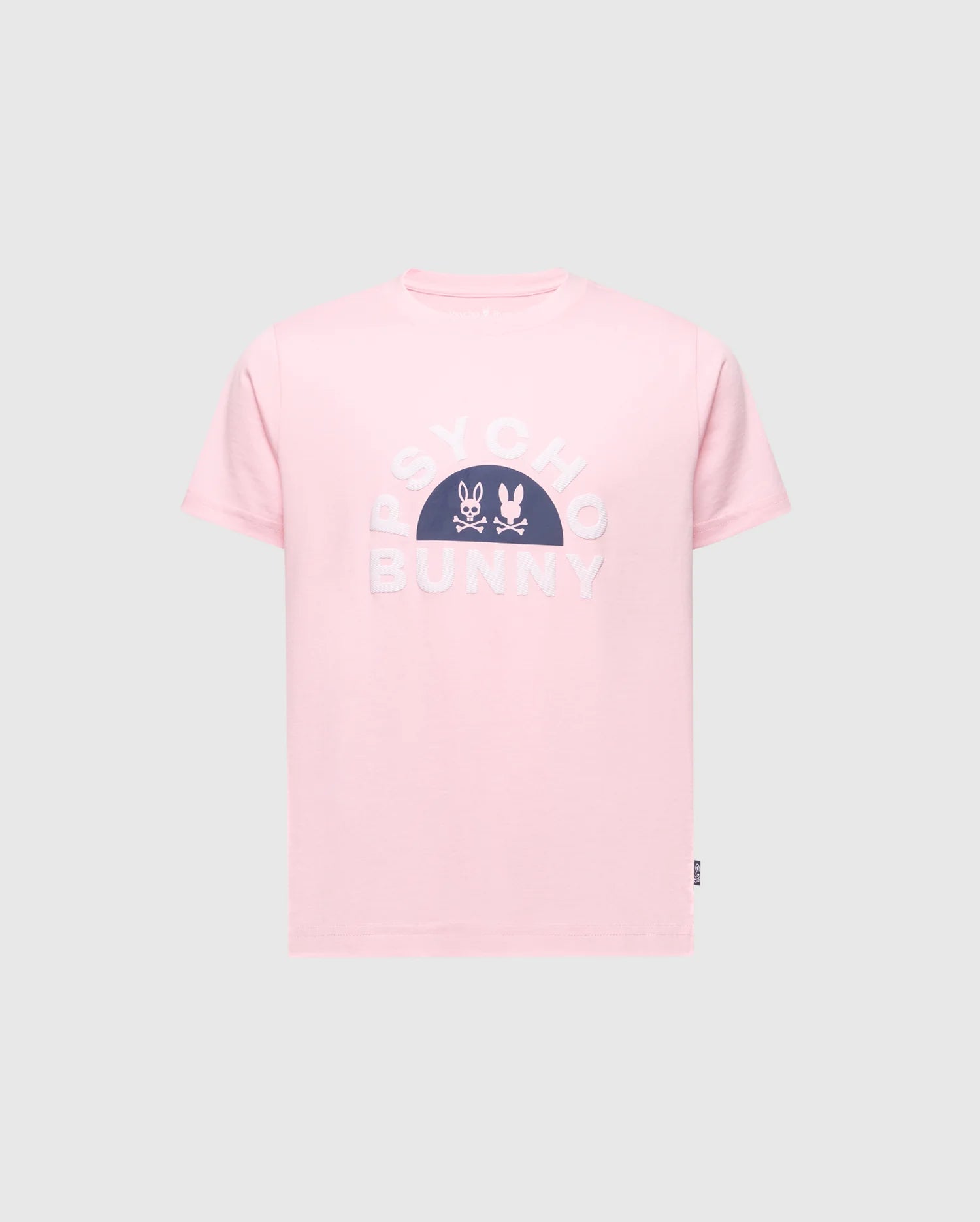 Presenting the KIDS GOLDIE GRAPHIC TEE - B0U606F200: a pink tee by Psycho Bunny, made of soft Pima Cotton, featuring "PSYCHO BUNNY" text and two bunny faces with crossbones on the front.