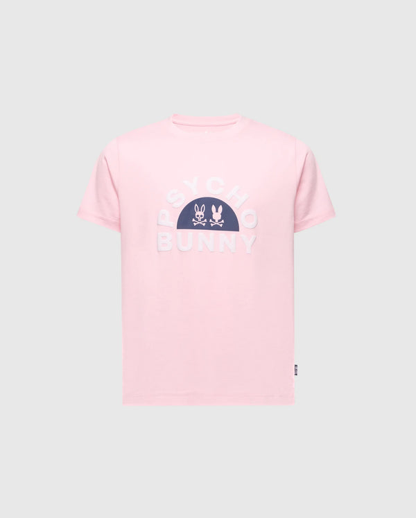 Presenting the KIDS GOLDIE GRAPHIC TEE - B0U606F200: a pink tee by Psycho Bunny, made of soft Pima Cotton, featuring "PSYCHO BUNNY" text and two bunny faces with crossbones on the front.