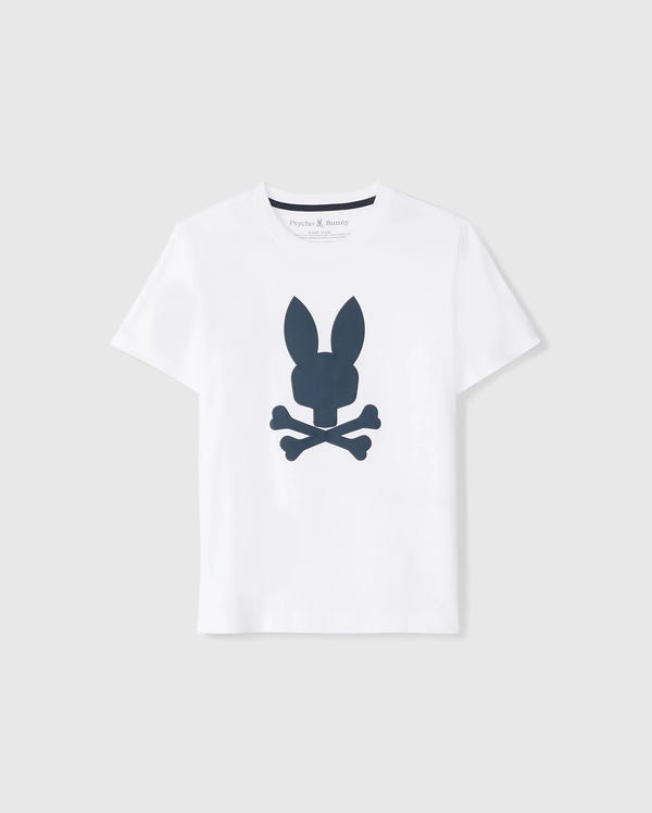 A plain white Pima cotton t-shirt featuring a central graphic of a dark blue silhouette of a rabbit head above crossed bones, displayed against a neutral background - Psycho Bunny KIDS HOUSTON GRAPHIC TEE - B0U607C200
