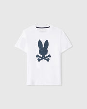 A plain white Pima cotton t-shirt featuring a central graphic of a dark blue silhouette of a rabbit head above crossed bones, displayed against a neutral background - Psycho Bunny KIDS HOUSTON GRAPHIC TEE - B0U607C200