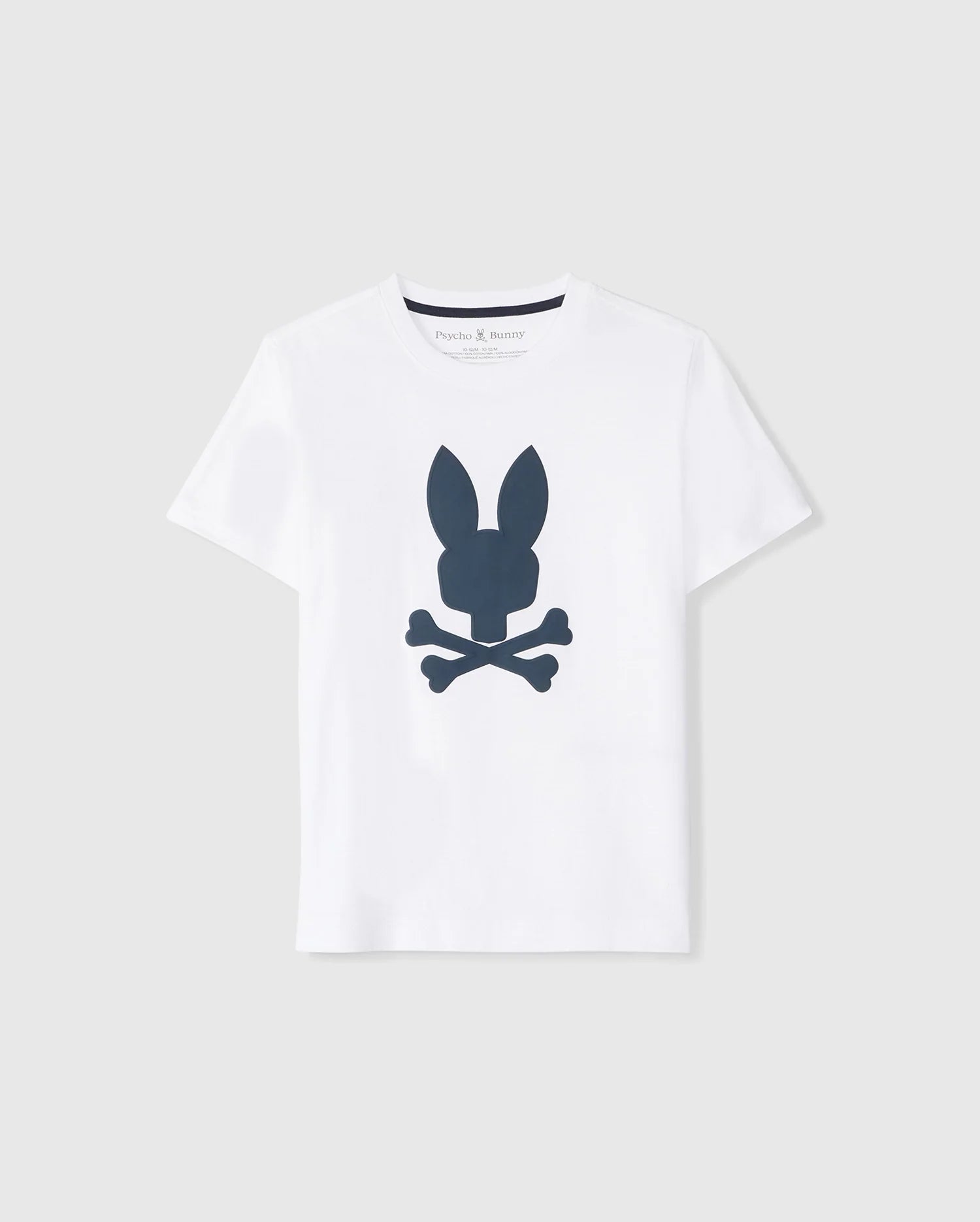 A plain white Pima cotton t-shirt featuring a central graphic of a dark blue silhouette of a rabbit head above crossed bones, displayed against a neutral background - Psycho Bunny KIDS HOUSTON GRAPHIC TEE - B0U607C200