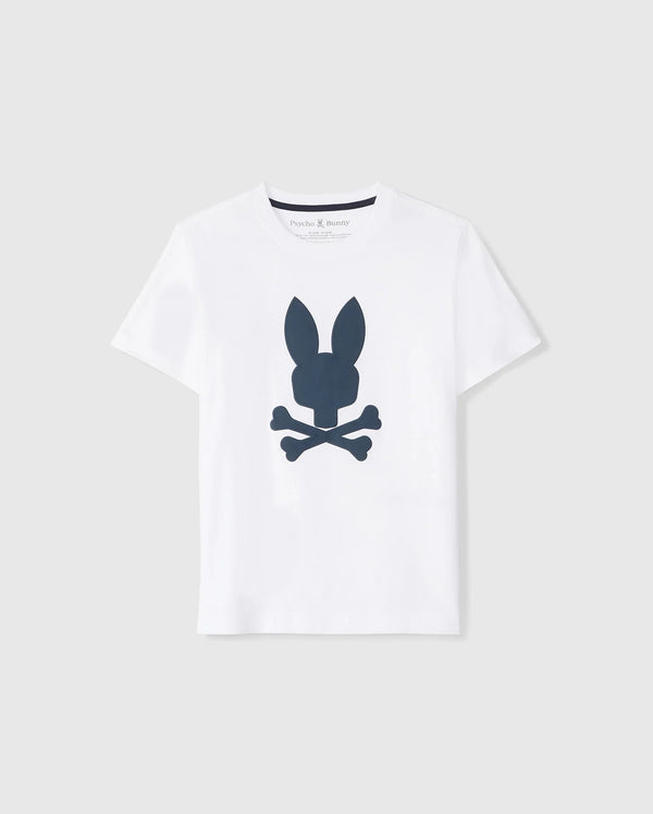A plain white Pima cotton t-shirt featuring a central graphic of a dark blue silhouette of a rabbit head above crossed bones, displayed against a neutral background - Psycho Bunny KIDS HOUSTON GRAPHIC TEE - B0U607C200
