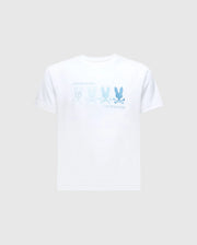 The KIDS OCEANIA EMBROIDERED GRAPHIC TEE by Psycho Bunny features a luxurious white Oceania Pima Cotton design with four gradient blue bunnies and matching "Psycho Bunny" text above and below, radiating subtle retro vibes.