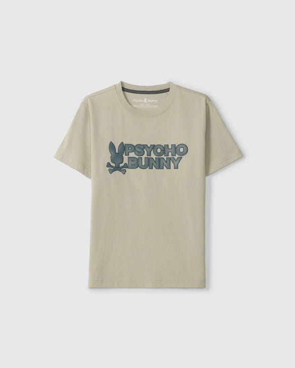 The KIDS MELVIN GRAPHIC TEE - B0U663C200 by Psycho Bunny is a beige Pima cotton t-shirt showcasing an HD-silicone print wordmark graphic of a bunny and the "Psycho Bunny" text.