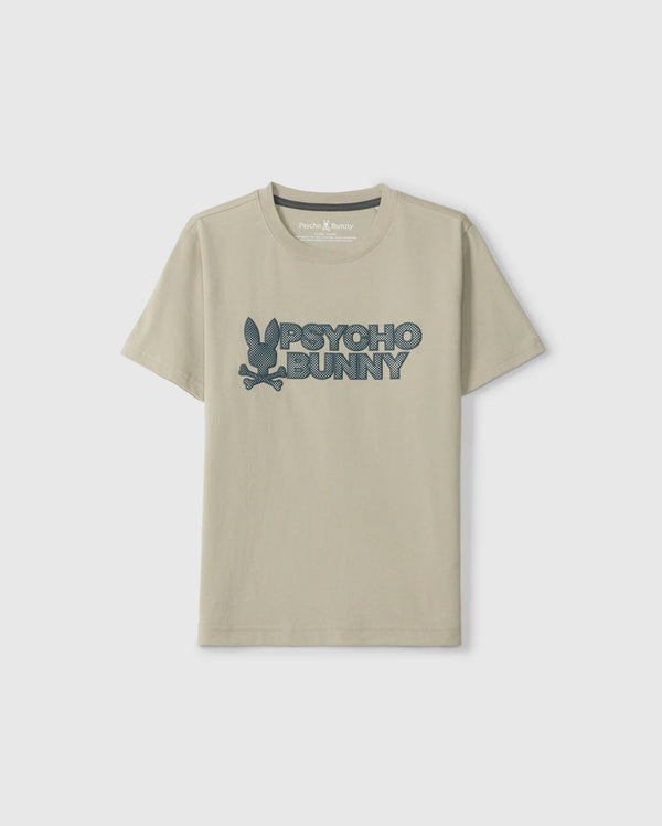 The KIDS MELVIN GRAPHIC TEE - B0U663C200 by Psycho Bunny is a beige Pima cotton t-shirt showcasing an HD-silicone print wordmark graphic of a bunny and the "Psycho Bunny" text.