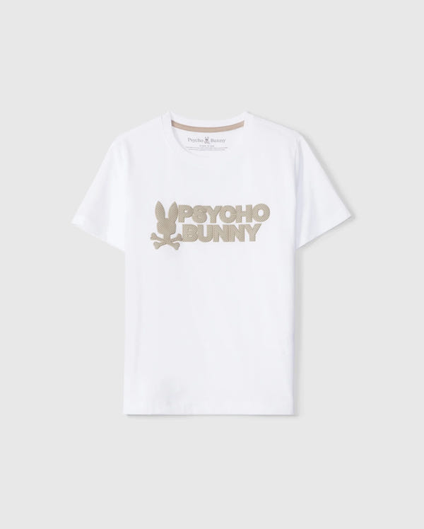 The KIDS MELVIN GRAPHIC TEE - B0U663C200 by Psycho Bunny is a white T-shirt made from Pima cotton, showcasing the text "Psycho Bunny" in large beige letters across the chest. It features a stylized bunny logo with crossed bones underneath, prominently displayed on a plain grey background.