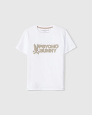 The KIDS MELVIN GRAPHIC TEE - B0U663C200 by Psycho Bunny is a white T-shirt made from Pima cotton, showcasing the text "Psycho Bunny" in large beige letters across the chest. It features a stylized bunny logo with crossed bones underneath, prominently displayed on a plain grey background.
