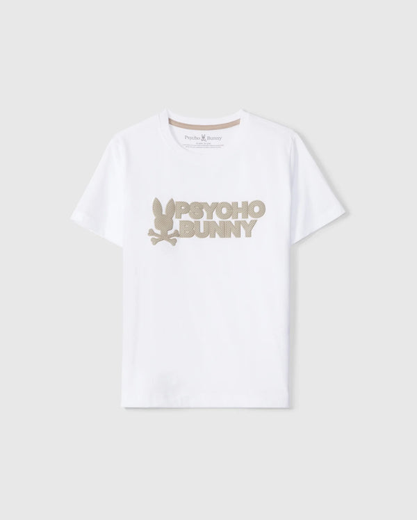The KIDS MELVIN GRAPHIC TEE - B0U663C200 by Psycho Bunny is a white T-shirt made from Pima cotton, showcasing the text "Psycho Bunny" in large beige letters across the chest. It features a stylized bunny logo with crossed bones underneath, prominently displayed on a plain grey background.