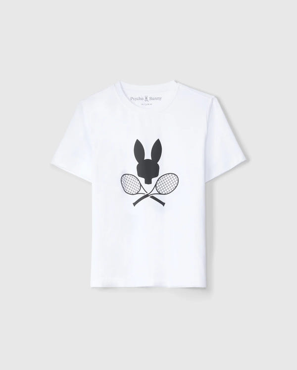 A white KIDS COURTSIDE GRAPHIC TEE - B0U681C200 featuring a black silhouette of a bunny's head above two crossed tennis rackets on the front. The brand name "Psycho Bunny" is printed on the inside neckline. This tennis-inspired t-shirt is displayed against a plain light grey background.