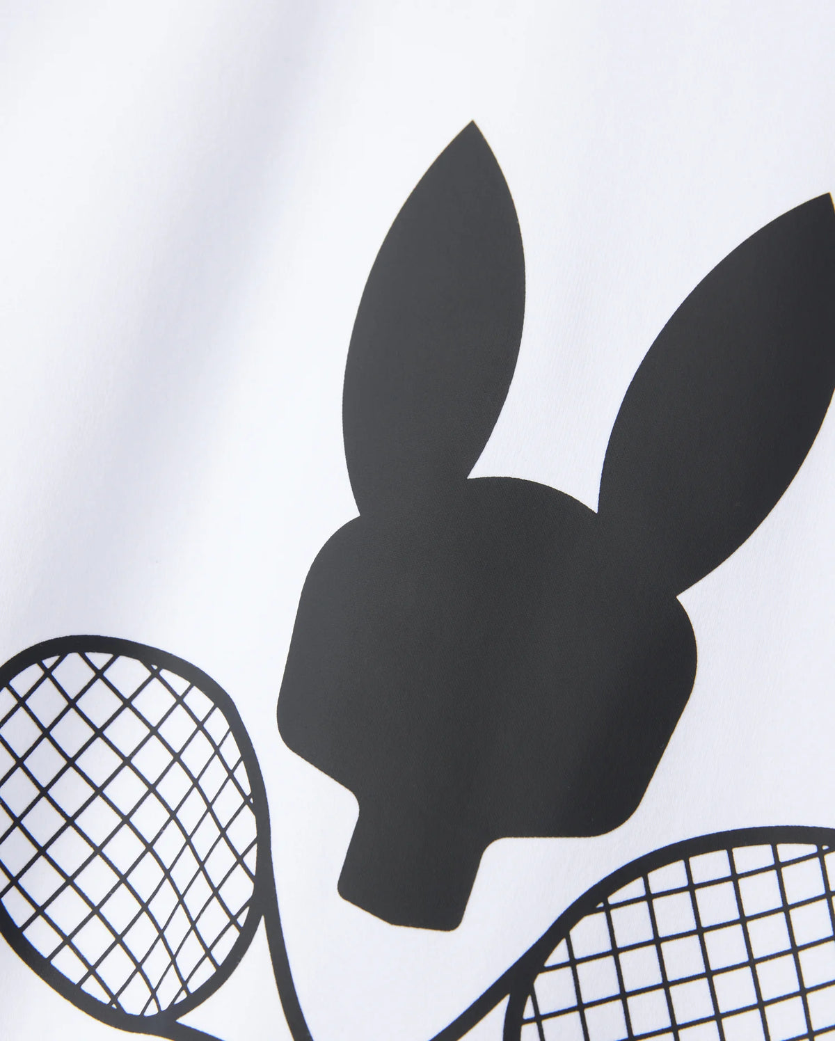A black silhouette resembling a stylized bunny head with two crossbones made up of tennis rackets is printed on a white background, creating the perfect design for the Psycho Bunny KIDS COURTSIDE GRAPHIC TEE - B0U681C200.