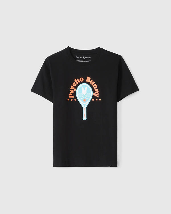 The KIDS COURTSIDE GRAPHIC TEE - B0U682C200 by Psycho Bunny is an ideal choice for children, showcasing a black tennis-inspired design with a light blue bunny logo inside a tennis racket, encircled by "Psycho Bunny" in orange and adorned with small orange stars.